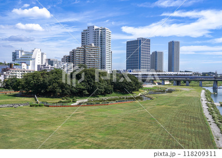 快晴の新二子橋から　多摩川河川敷の兵庫島公園（東京都世田谷区） 118209311