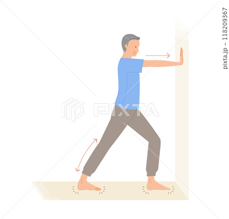 シニアの運動：男性がふくらはぎの壁押しストレッチをするイメージイラスト（足のむくみ解消） 118209367