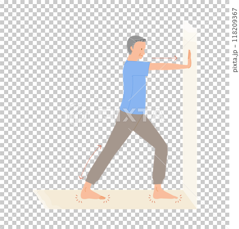シニアの運動：男性がふくらはぎの壁押しストレッチをするイメージイラスト（足のむくみ解消） 118209367