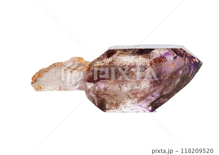 macro mineral stone Amethyst on smoky quartz on a white background 118209520