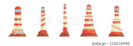 Lighthouse Striped Tall Tower for Sea Navigation Vector Set 118210440