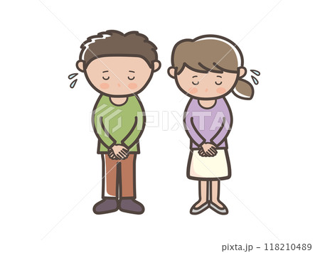 ごめんなさいと頭を下げて謝る若い男女カップルの全身イラスト ごめんなさいと頭を下げて謝る若い男女カップルの全身イラスト 118210489