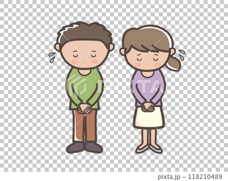 ごめんなさいと頭を下げて謝る若い男女カップルの全身イラスト ごめんなさいと頭を下げて謝る若い男女カップルの全身イラスト 118210489