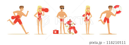 Beach Rescue Man and Woman Character Performing Duties Vector Set 118210511