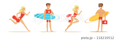 Beach Rescue Man and Woman Character Performing Duties Vector Set 118210512