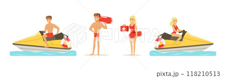 Beach Rescue Man and Woman Character Performing Duties Vector Set 118210513