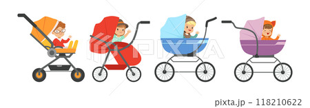 Little Baby Kid Sit in Carriage or Pram Seat Vector Set Little Baby Kid Sit in Carriage or Pram Seat Vector Set 118210622