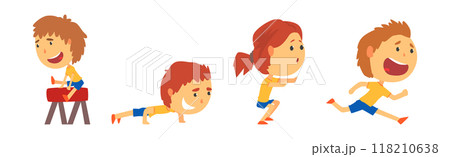 Little Boy and Girl Do Sport and Physical Activity Vector Set 118210638
