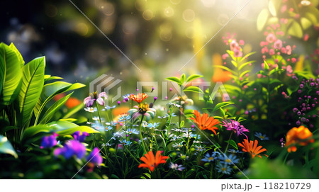 Colorful assortment of blooming flowers in a radiant garden, basking in the sun's warm light 118210729