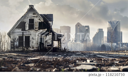 Abandoned, dilapidated house stands in stark contrast to the modern city skyline in the background 118210730