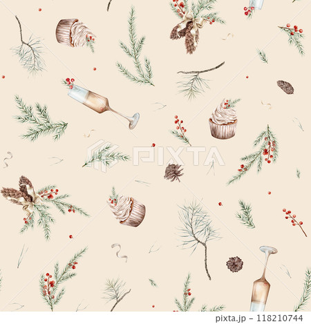 New Year seamless pattern with fir branches and red berries ilex or holly. Watercolor hand drawn illustrations Christmas cake and champagne. Isolated bunch of pine cones with a bow and pine branches. 118210744