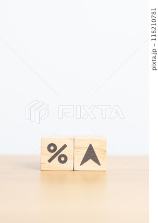 wood block of percentage change to UP and Down arrow. Interest rate, GDP, stocks market, financial, deflation and Inflation, ranking, mortgage, debt, Loan and Economic Recession concept wood block of percentage change to UP and Down arrow. Interest rate, GDP, stocks market, financial, deflation and Inflation, ranking, mortgage, debt, Loan and Economic Recession concept 118210781