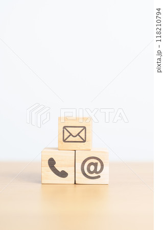 Contact Us concepts. Wood block of Email, call Phone and Website Address sign. For Customer support hotline, business Marketing, Corporate, communication and Advertising 118210794