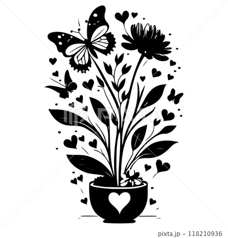 valentine pot flower love butterfly illustration sketch  118210936