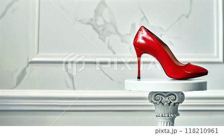 Red high heel shoe on a white pedestal with a marble background providing copy space 118210961