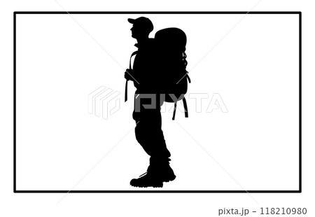 silhouettes of men with backpack, Tourists with backpacks on their backs silhouettes of men with backpack, Tourists with backpacks on their backs 118210980