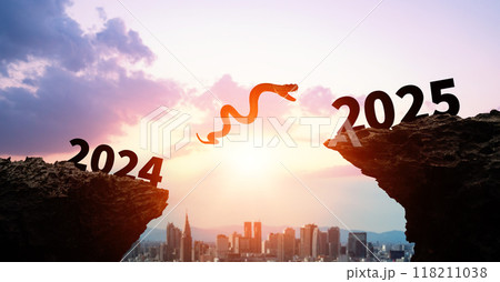 2024年から2025年へ飛躍する蛇　2025年新年イメージ　令和七年年賀状素材 118211038