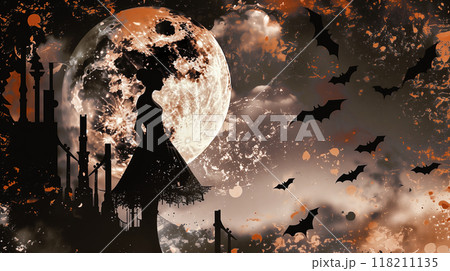 Spooky halloween scene, woman in dress standing on rooftop with bats flying under full moon in illustration 118211135