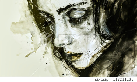 Illustration of a woman with dark hair gazing downward with a somber expression 118211136
