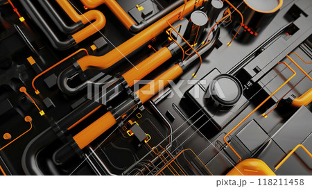 Abstract industrial background with orange and black pipes rendered in three dimensions Abstract industrial background with orange and black pipes rendered in three dimensions 118211458