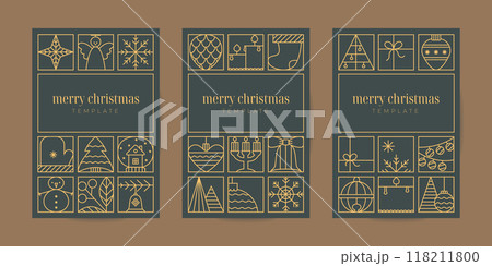 Elegant line Christmas greeting card, invitation, flyer templates. Luxury xmas festive vector poster with Christmas tree, bauble ball, toy, snow flakes. Elegant line Christmas greeting card, invitation, flyer templates. Luxury xmas festive vector poster with Christmas tree, bauble ball, toy, snow flakes. 118211800