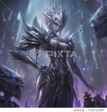 Fantasy armor-clad figure with dragon-like companions 118212087