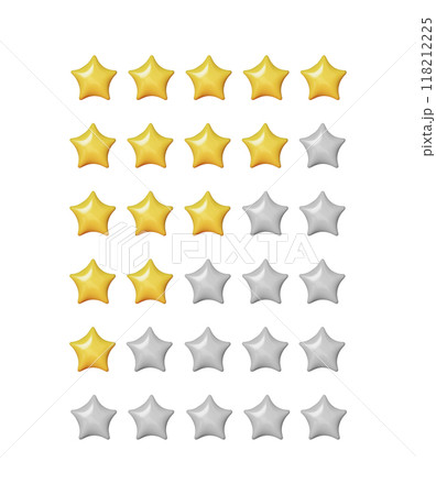 3D Five stars, glossy yellow and gray colors. Customer rating feedback concept. Realistic design elements in plastic cartoon style isolated on white background. Vector illustration 3D Five stars, glossy yellow and gray colors. Customer rating feedback concept. Realistic design elements in plastic cartoon style isolated on white background. Vector illustration 118212225