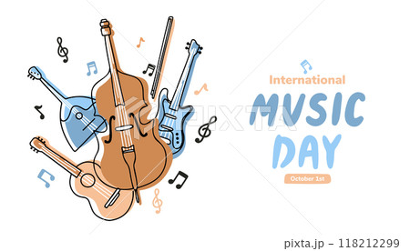 Vector Line Art for International Music Day. Instruments in Flat Handwritten Style 118212299