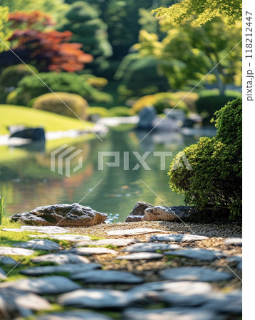 苔むした石と池のある日本庭園　AI画像 118212447