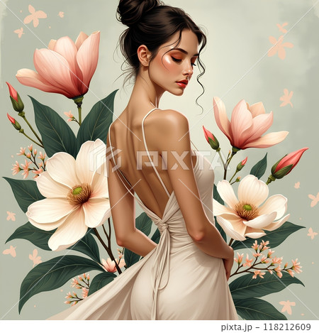 薔薇の花を持つドレスを着た女性 118212609