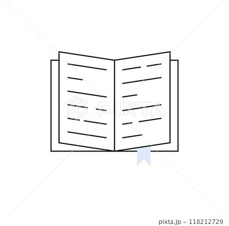 Simple illustration of an open book with a bookmark. Ideal for themes related to reading, education, literature, and knowledge. Features a black and white design with a touch of blue. Simple illustration of an open book with a bookmark. Ideal for themes related to reading, education, literature, and knowledge. Features a black and white design with a touch of blue. 118212729