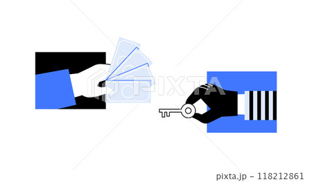 Hand offering money and another hand holding a key, against a white and blue background. Represents financial transactions, exchanges, and security. Applicable in finance, real estate, and business. 118212861
