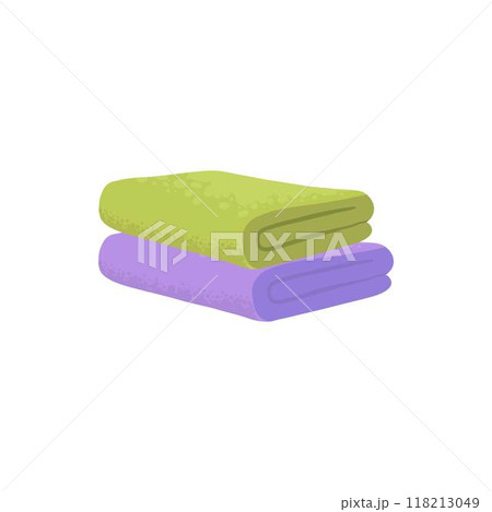 Bath towel. Cartoon fabric towel hanging on ring, rolled color cloth towel and folded towel vector illustration icon. Towel bath for hygiene, bathroom textile 118213049