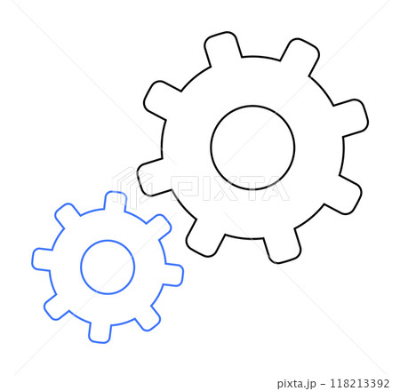 Two simple gears, one in black, one in blue, interlocking. Ideal for engineering, machinery, mechanics, industrial design, teamwork. The minimalist design conveys technical and mechanical themes. 118213392
