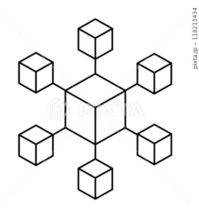 Black-and-white geometric design featuring a central cube connected to six surrounding cubes by lines. Ideal for blockchain concepts, data networks, technology frameworks, decentralized systems 118213434
