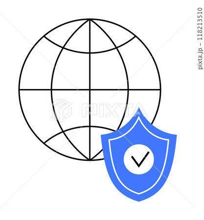 Black globe with a blue shield in front, featuring a check mark. Ideal for data protection, cybersecurity, global security, internet safety, and digital privacy themes. Black globe with a blue shield in front, featuring a check mark. Ideal for data protection, cybersecurity, global security, internet safety, and digital privacy themes. 118213510