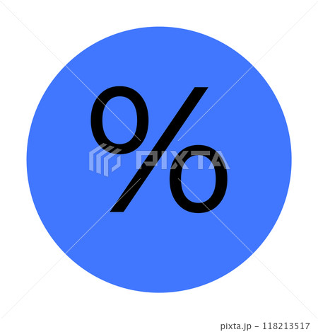 A black percentage symbol is centered on a blue circle background. Ideal for financial, discount, sale promotions, mathematics, and statistical analyses. Clean, simple, and modern design. 118213517