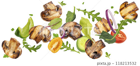 Falling vegetarian salad ingredients with grilled mushroom slices isolated on white background with clipping path 118213532