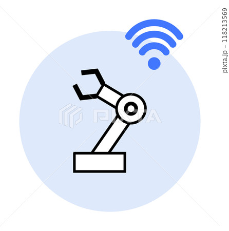 A robotic arm within a circular light blue background and a blue wireless connection signal symbol. Themes include automation, technology, wireless connectivity, robotics, and innovation. 118213569