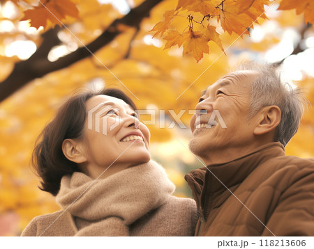 紅葉を眺めるシニア夫婦 118213606