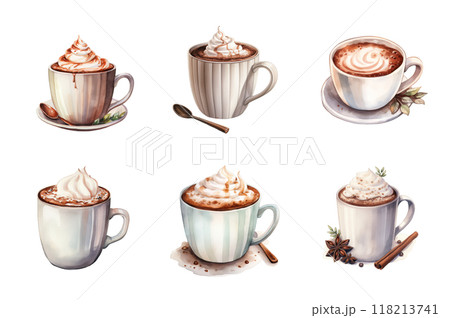 Hot Chocolate Mug Collection Bundle Set Isolated on a Transparent Background 118213741