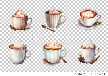 Hot Chocolate Mug Collection Bundle Set Isolated on a Transparent Background 118213741