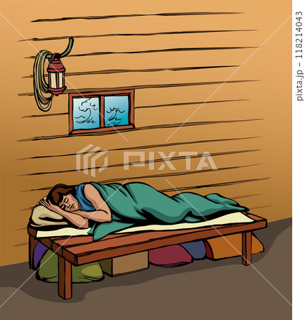 Vector drawing. Man sleeps on the old bench Vector drawing. Man sleeps on the old bench 118214043