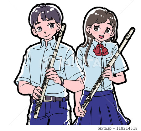 フルートを持った笑顔の男女のイラスト フルートを持った笑顔の男女のイラスト 118214318