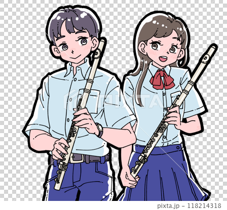 フルートを持った笑顔の男女のイラスト フルートを持った笑顔の男女のイラスト 118214318