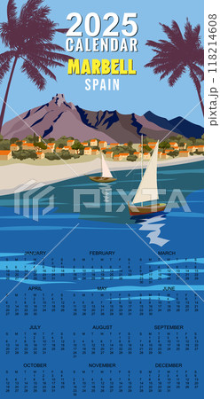 Monthly 2025 Calendar Vintage travel poster Marbella Spain, tropical resort 118214608