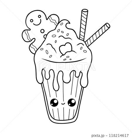 Cute outline Christmas milk shake with dessert, gingerbread man and striped candies. Funny cartoon kawaii character drink. Line drawing, coloring book. Vector illustration. Kids collection. Cute outline Christmas milk shake with dessert, gingerbread man and striped candies. Funny cartoon kawaii character drink. Line drawing, coloring book. Vector illustration. Kids collection. 118214617