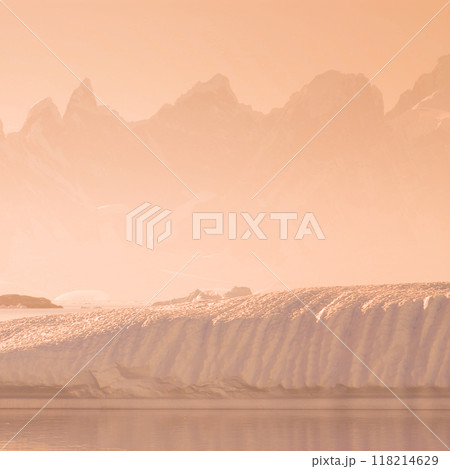 Lemaire strait coastal landscape, mountains and icebergs, Antarctic Peninsula, Antartica. 118214629