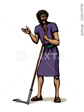 Vector drawing. A man with an old scythe 118214739