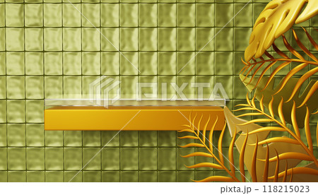 Gold glass shelf on green wall with square tile pattern and tropical golden palm leaf 3d render background. Luxury modern bathroom interior with empty product podium display mockup. 3D illustration 118215023